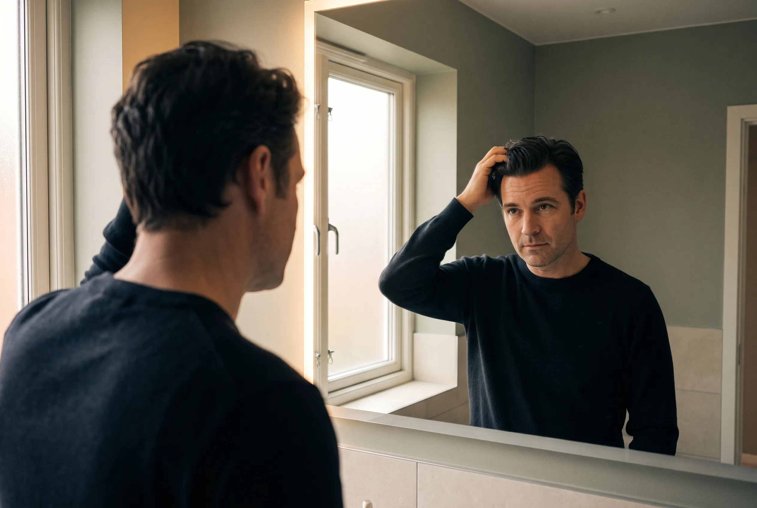 A man running a hand through his hair while checking his reflection in a bathroom mirror