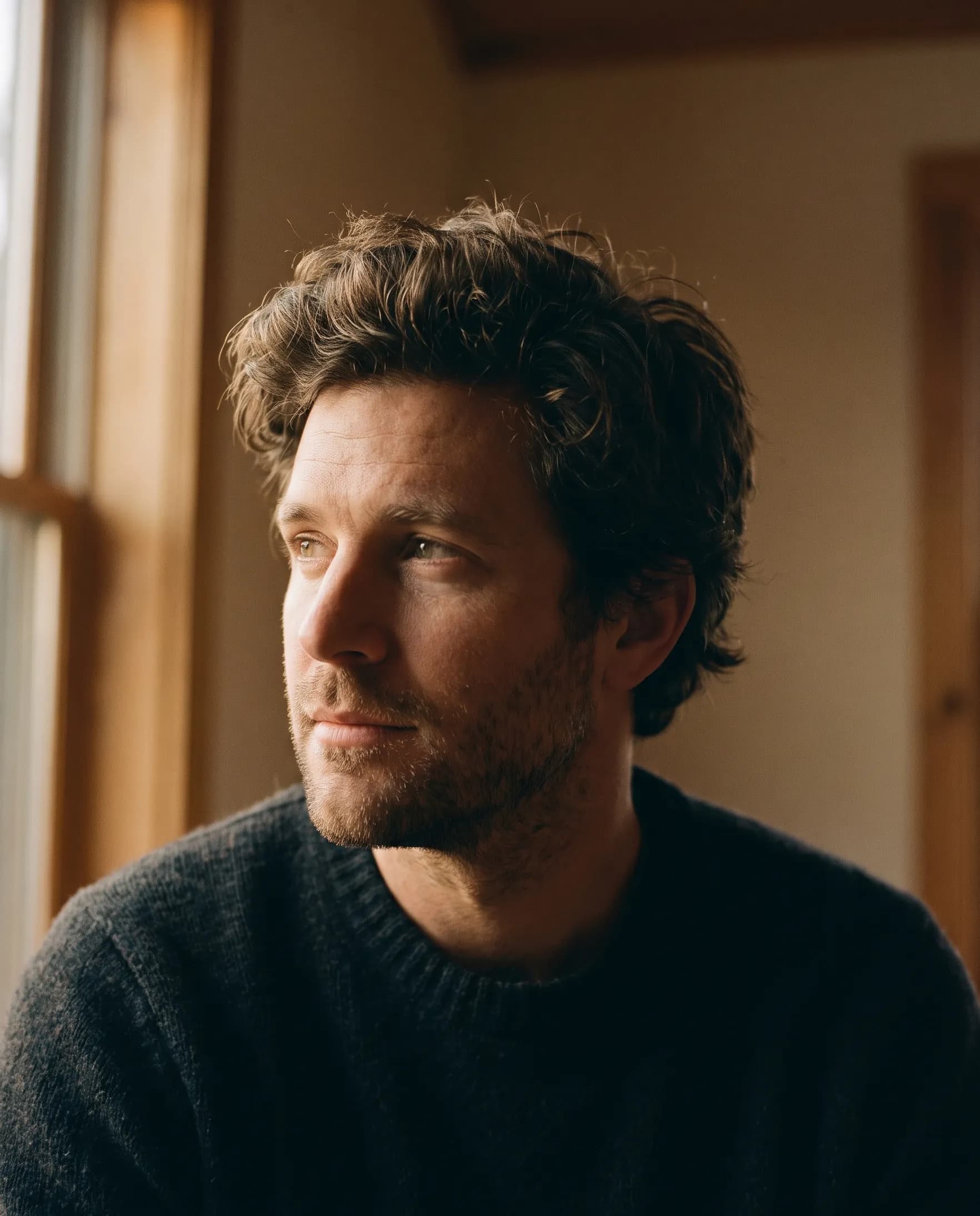 A man with a full head of textured hair in warm golden-hour light