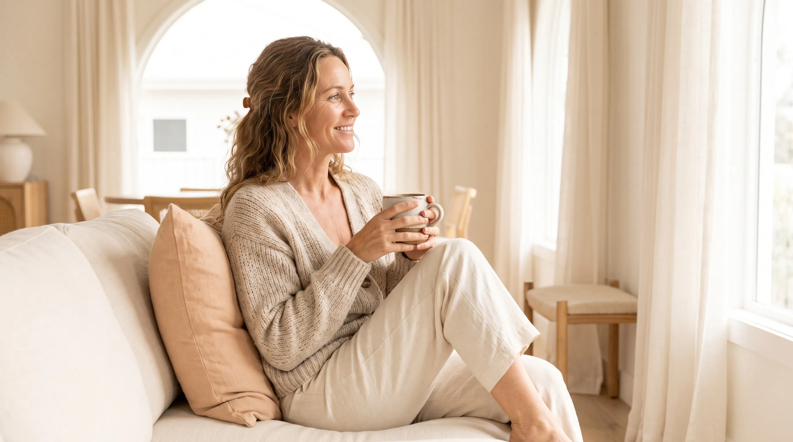A woman relaxing with a warm mug on a sofa in bright morning light