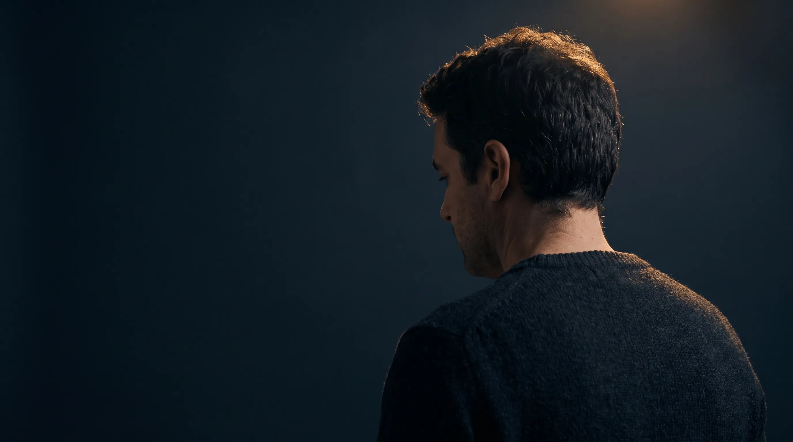 A man seen from behind, healthy dark hair catching warm rim light against deep shadow