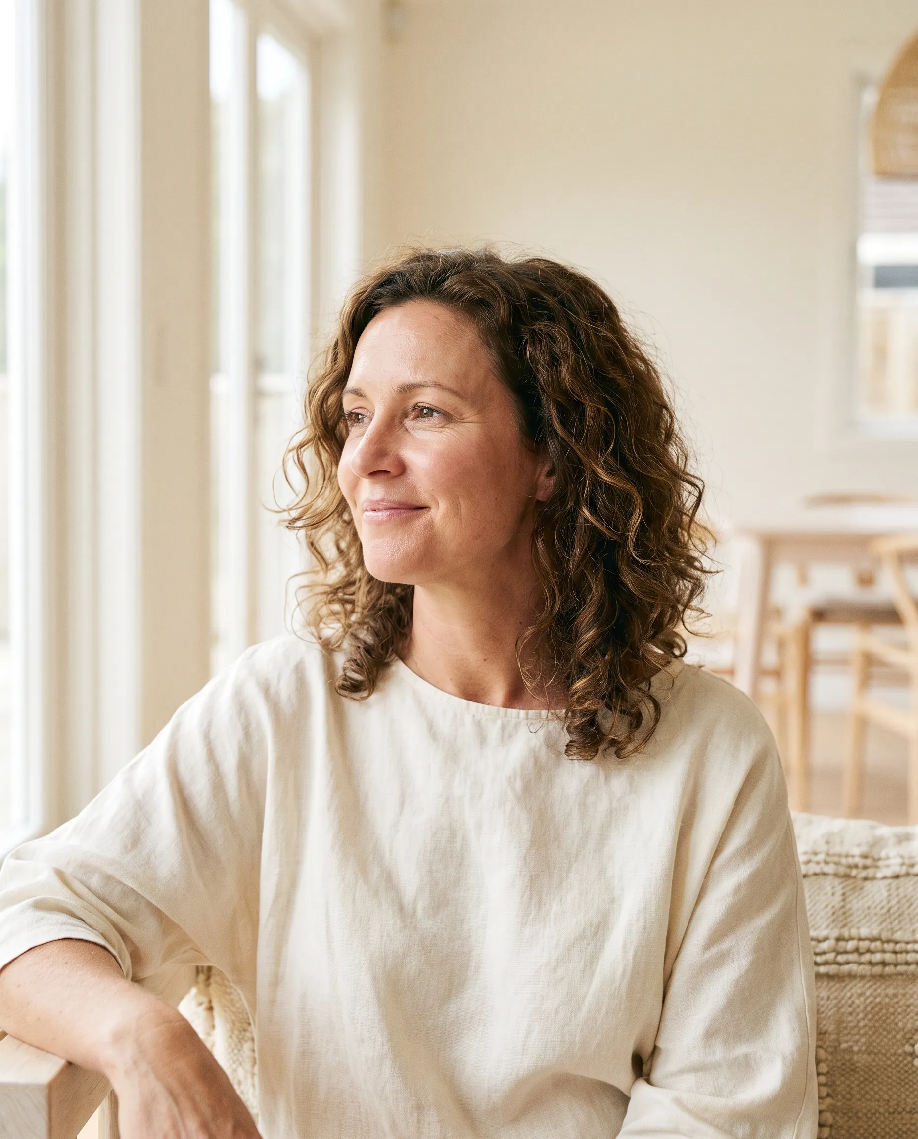 A woman with full, healthy shoulder-length hair in warm natural window light