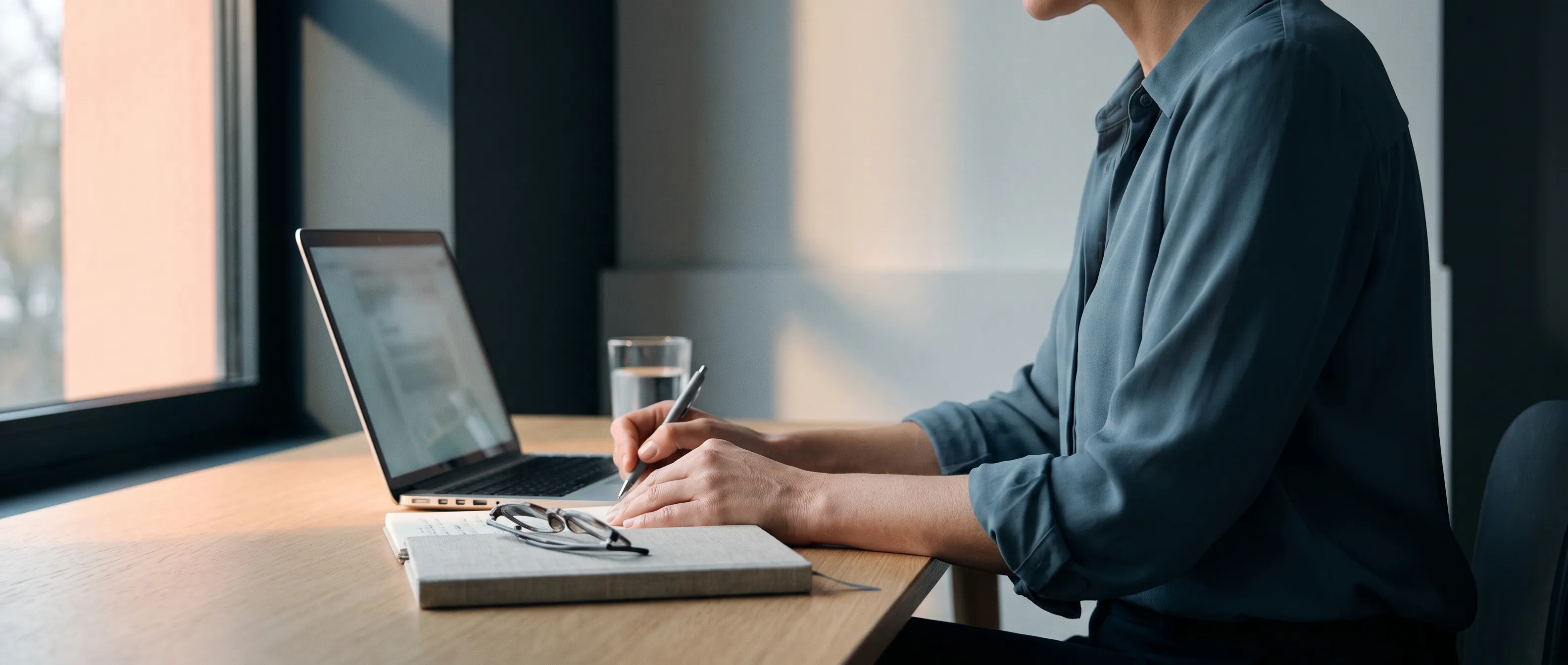 A clinician writing a personalized care plan at a sunlit desk
