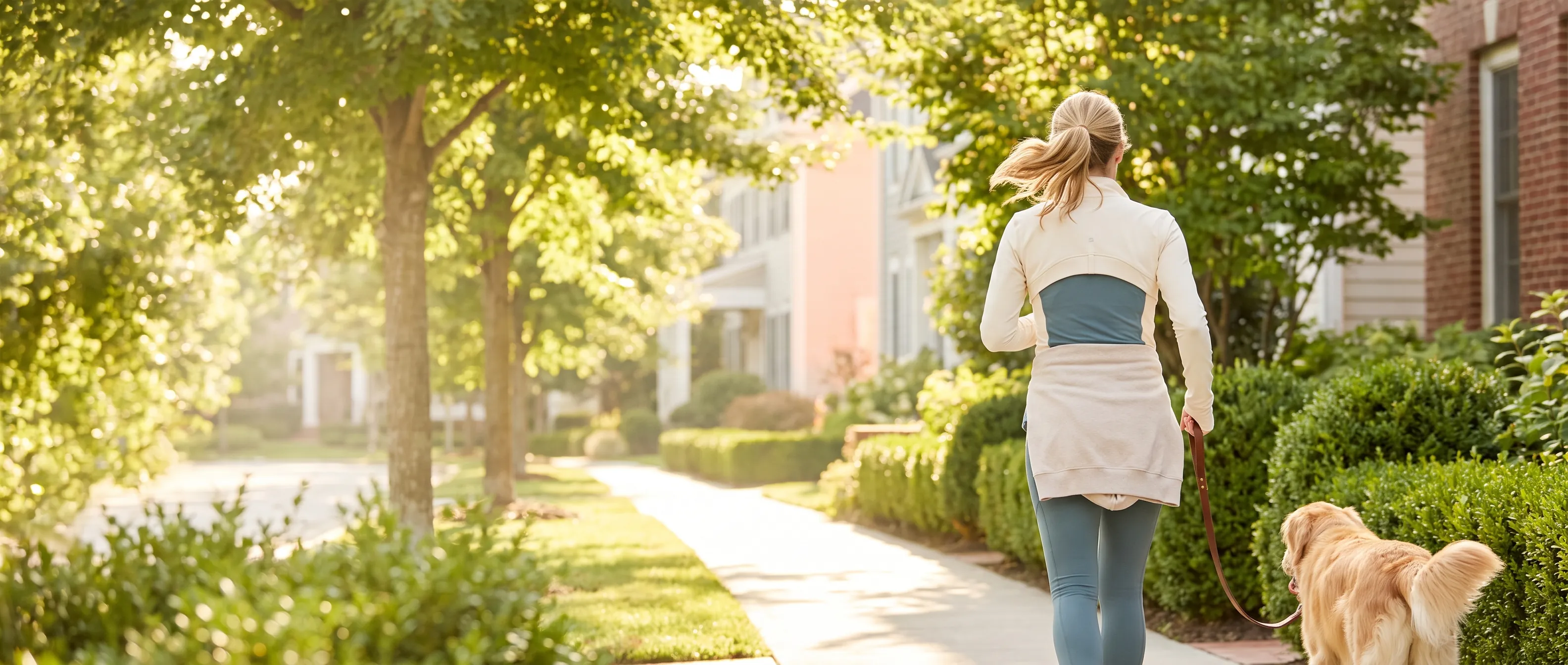 A woman walking her dog down a sunny tree-lined street in the morning